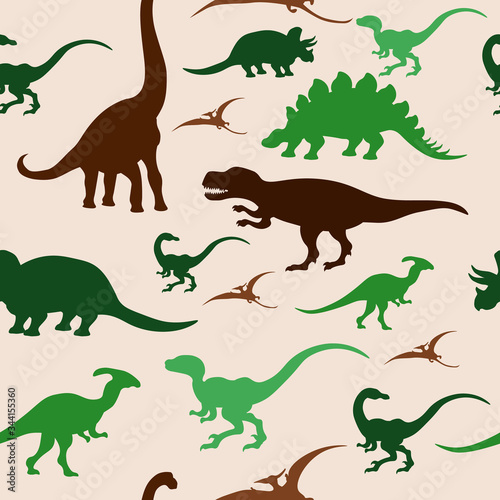 Seamless pattern with silhouettes of dinosaurs. Vector illustration on the topic of paleontology.