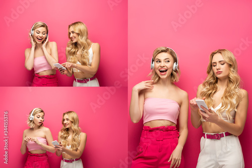 Collage of smiling blonde girls using smartphone and headphones on pink background