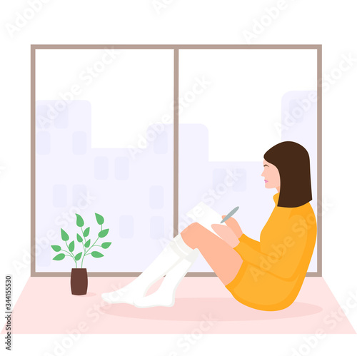 Vector flat illustration. Girl on the windowsill with a piece of paper and a pen