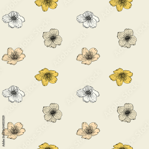 Anemone flowers,vector seamless pattern. Hand drawn floral background in retro pastel colores.