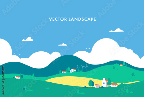 Mountain landscape with a dawn, an elongated format for the convenience of using it as a background. Flat style. Farm With clouds, house and trees. vector illustration.