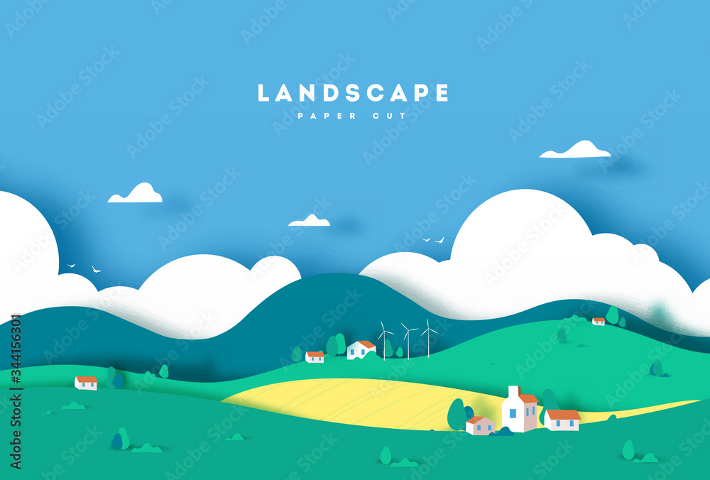 Colorful mountain and village paper cut style background. Farm with house, clouds and trees. vector illustration