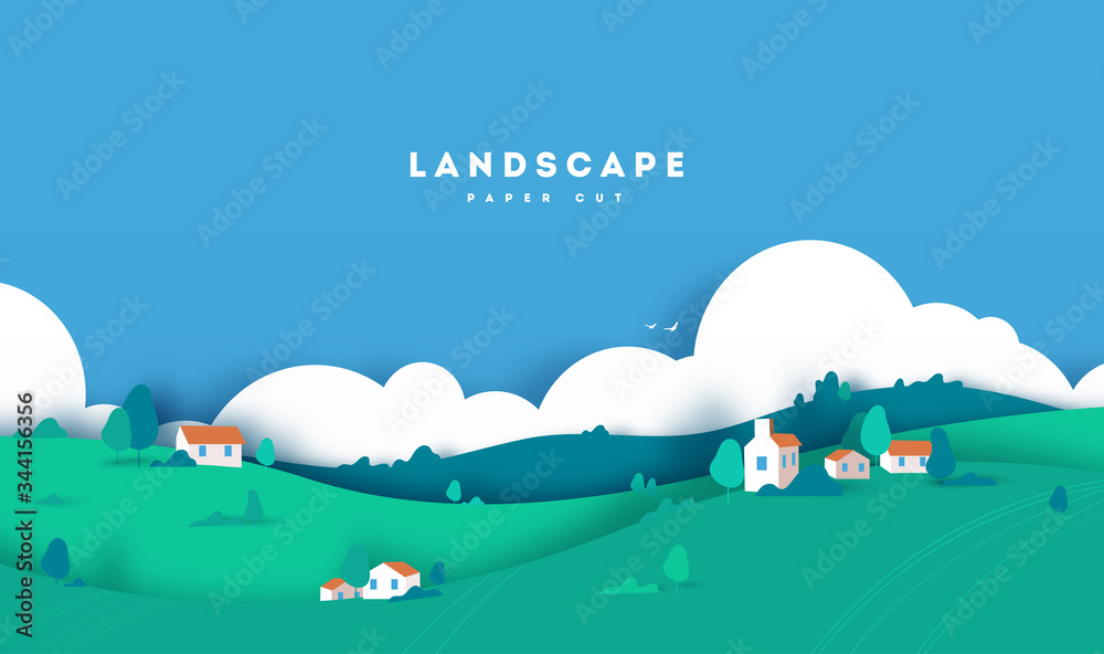 Colorful mountain and village paper cut style background. Farm with house, clouds and trees. vector illustration