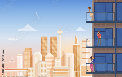 Apartment balcony with city view vector illustration. Cartoon flat couple people, man woman characters rest and relax, enjoy panoramic urban cityscape with beautiful modern building, office skyscraper