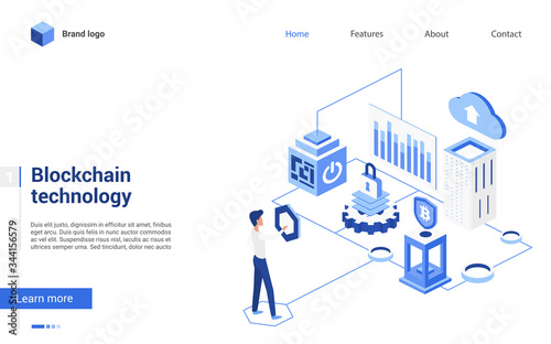 Isometric blockchain crypto technology vector illustration. 3d cartoon tiny people work with blockchain, make money cryptocurrency analytics, trade or exchange bitcoin concept interface website design
