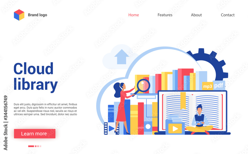 Cloud library vector illustration. Cartoon flat tiny people reading online books, learning data information. Interface website design for digital file library, mobile education, web database storage Cloud library vector illustration. Cartoon flat tiny people reading online books, learning data information. Interface website design for digital file library, mobile education, web database storage