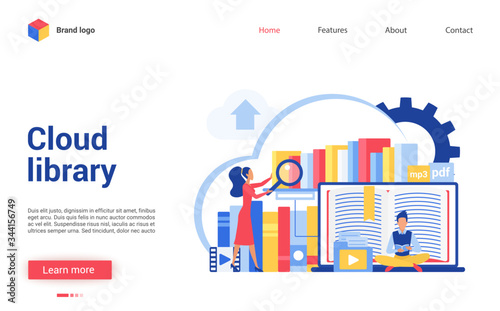 Cloud library vector illustration. Cartoon flat tiny people reading online books, learning data information. Interface website design for digital file library, mobile education, web database storage