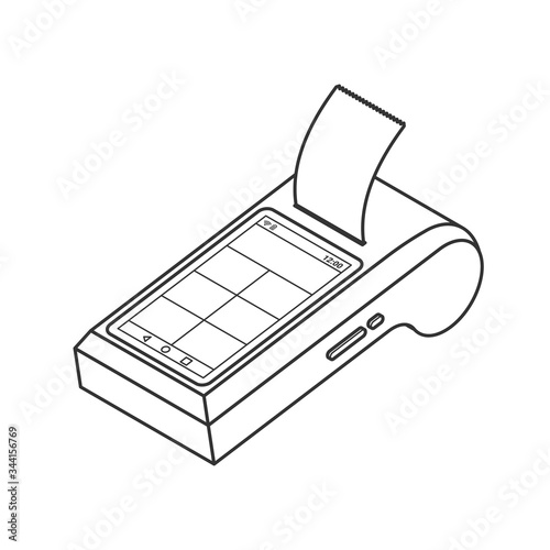 Isometric Multifunctional smart payment terminal with cash register print receipt. 3d Wireless online cash desk tablet with check isolated. Vector payments machine. Online shopping line icon