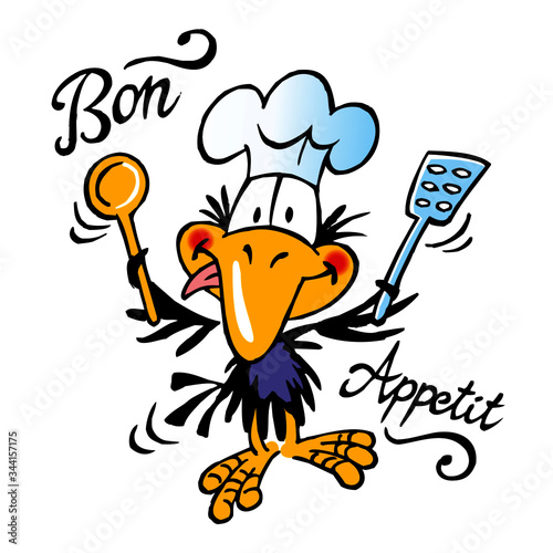 Raven chef with hat and wooden spoon wishes good taste, text Bon Appetit, crow mascot color cartoon