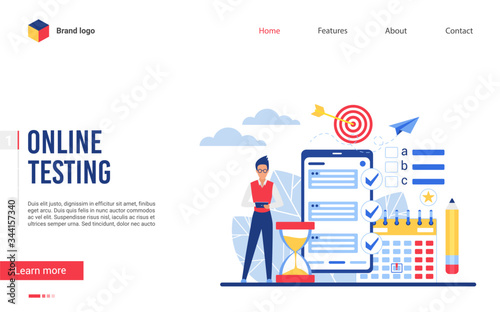 Online exam test vector illustration. Cartoon flat tiny man character using smartphone app for online testing form survey or checklist, concept done job, distance education interface website design