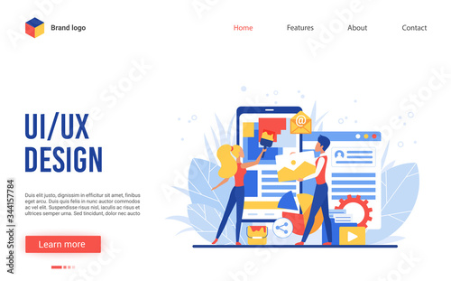 Ui ux design app creation vector illustration. Interface website design with cartoon flat tiny people creators team, designer characters create, construct mobile application, wireframe development