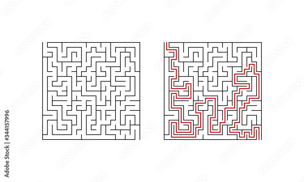 Labyrinth maze game for children. Line puzzle with solution. Vector illustration.
