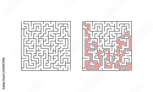 Labyrinth maze game for children. Line puzzle with solution. Vector illustration.