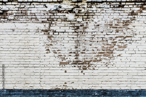 Background of an old  dirty  white brick wall with peeling plaster  painted walls  texture