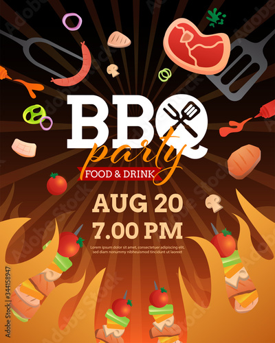 BBQ party invitation ,card or poster template with grill and food flyer vector flat style illustration.