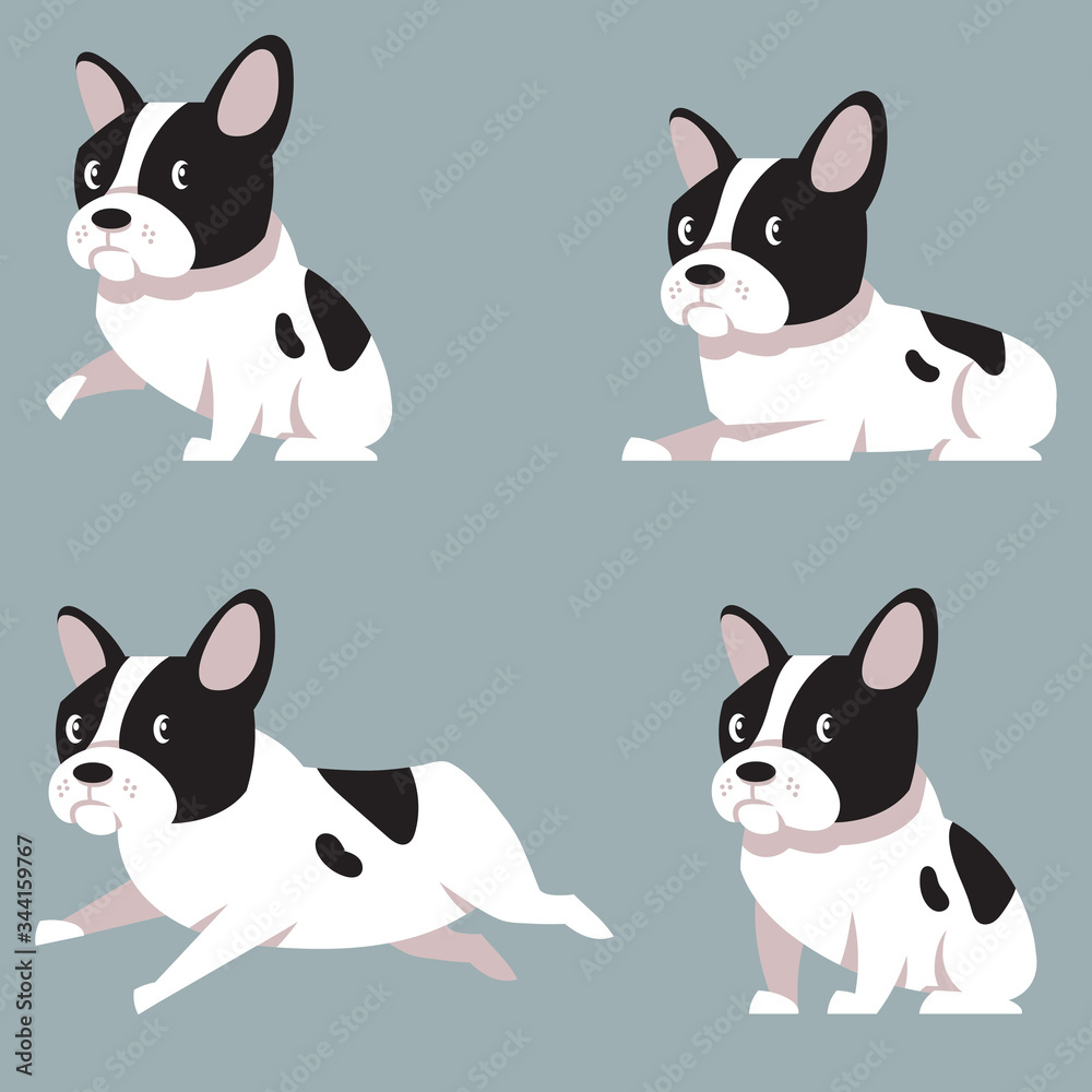 French bulldog in different poses. Cute pet in cartoon style.