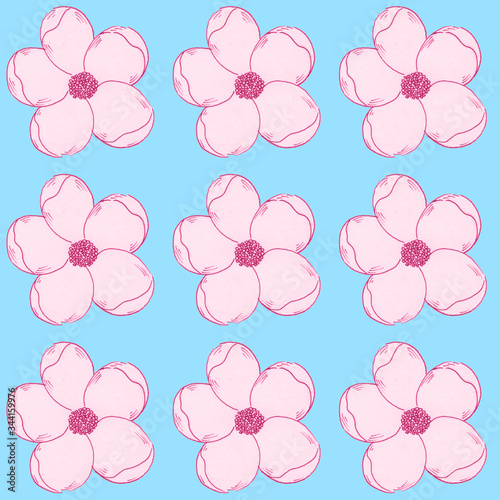 seamless pattern pink spring flowers on blue