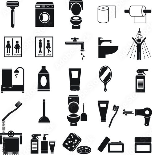Bathroom wc vector icon set, icons such as razor, cream, toothbrush, sponge, mirror and others
