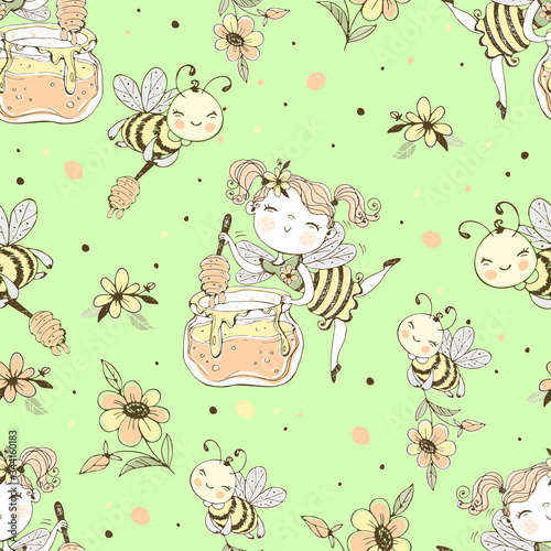 Seamless pattern with flower fairy and honey bees. Vector