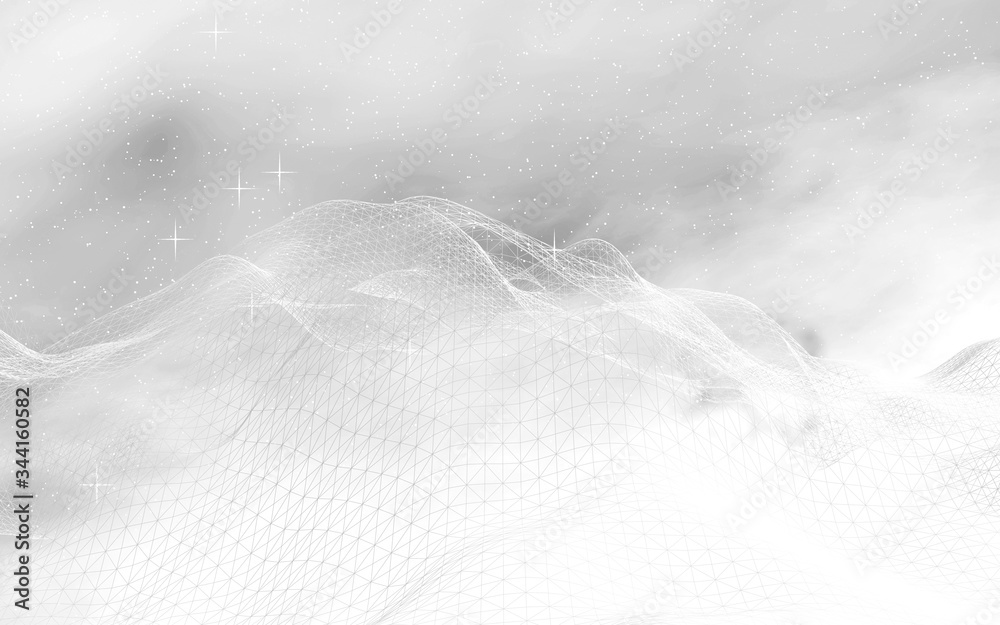 White abstract background. Hi tech network. Cyberspace grid. Outer space. Starry outer space texture. 3D illustration