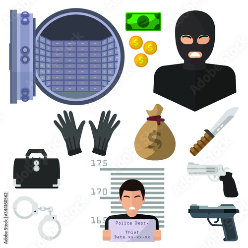 Robber, isolated icons on white background. Safe, money, knife, handcuffs, arrest, gun, pistol, revolver, suitcase