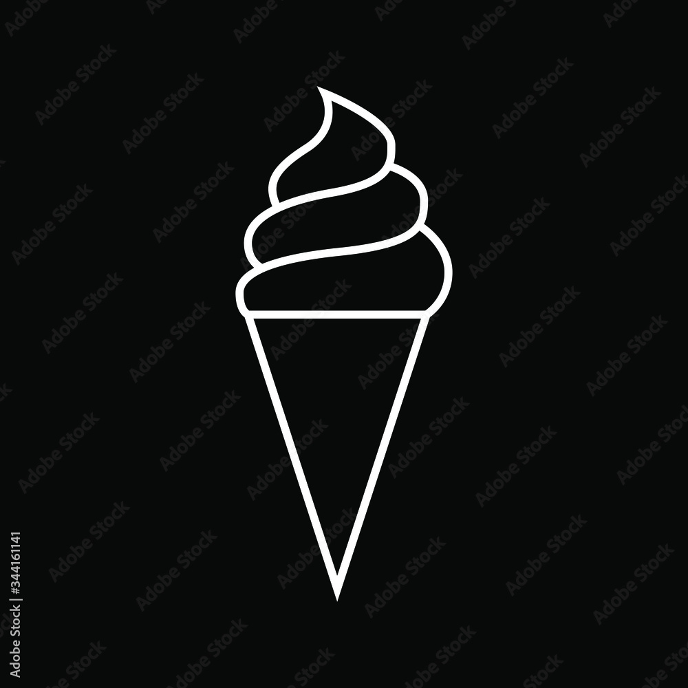 White ice cream in a cone outline icon on a black background. Vector stock icon.