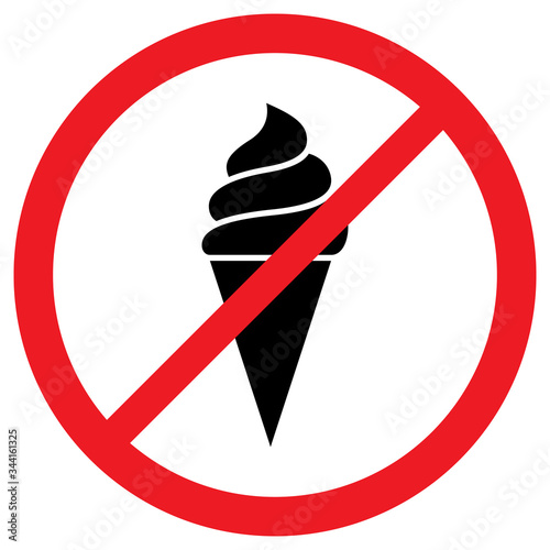A sign prohibiting ice cream. Black ice cream icon in a red crossed-out circle. Vector stock illustration isolated on a white background