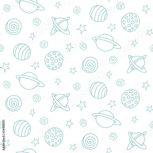 Baby space seamless pattern. Cartoon blue outline planets and stars. Vector cosmic background and texture. For kids design, fabric, wrapping paper, wallpaper, textile, apparel