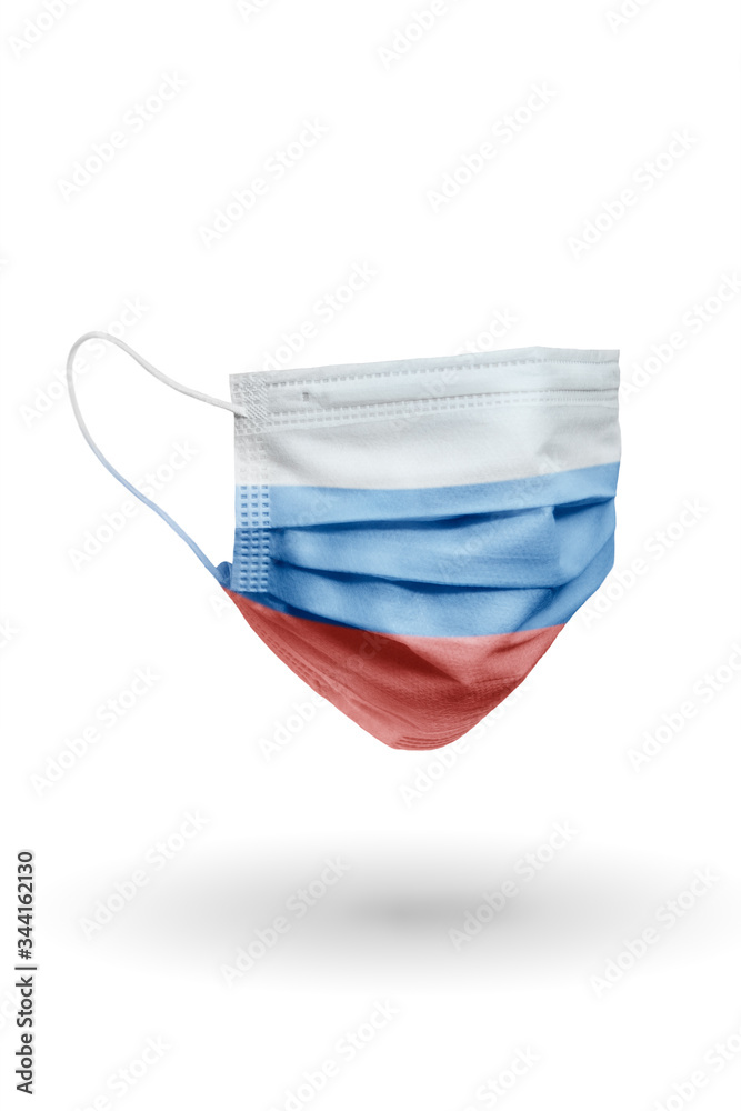 Surgical face mask with pattern flag Russia isolated on white background. Surgical face mask with pattern flag Russia isolated on white background.