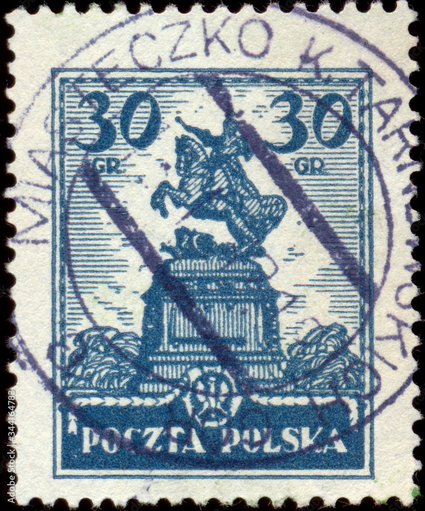Miasteczko Śląskie (Miasteczko koło Tarnowskich Gór). Kasownik pocztowy (1932) odbity na znaczku pocztowym, przedstawiającym pomnik Jana III Sobieskiego (wówczas stojący we Lwowie, dziś w Gdańsku).