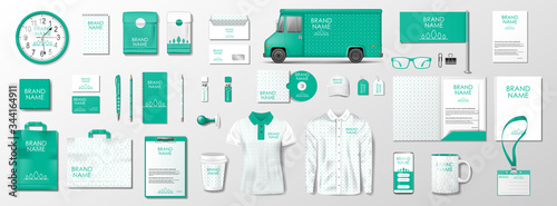 Corporate Brand Identity Mockup. Green color template design for organic shop. Realistic stationary, brochure, shirt, delivery van, mug blank mockup isolated. Vector