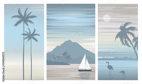 Set vector illustration of a beautiful seascape with a sailboat,palm trees and flamingos.
