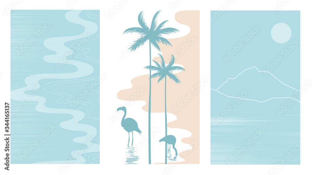 Set vector illustration of a beautiful seascape with a palm trees and flamingos.