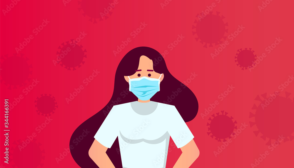 Woman or girl in protective medical mask and around her coronavirus molecule on a red background