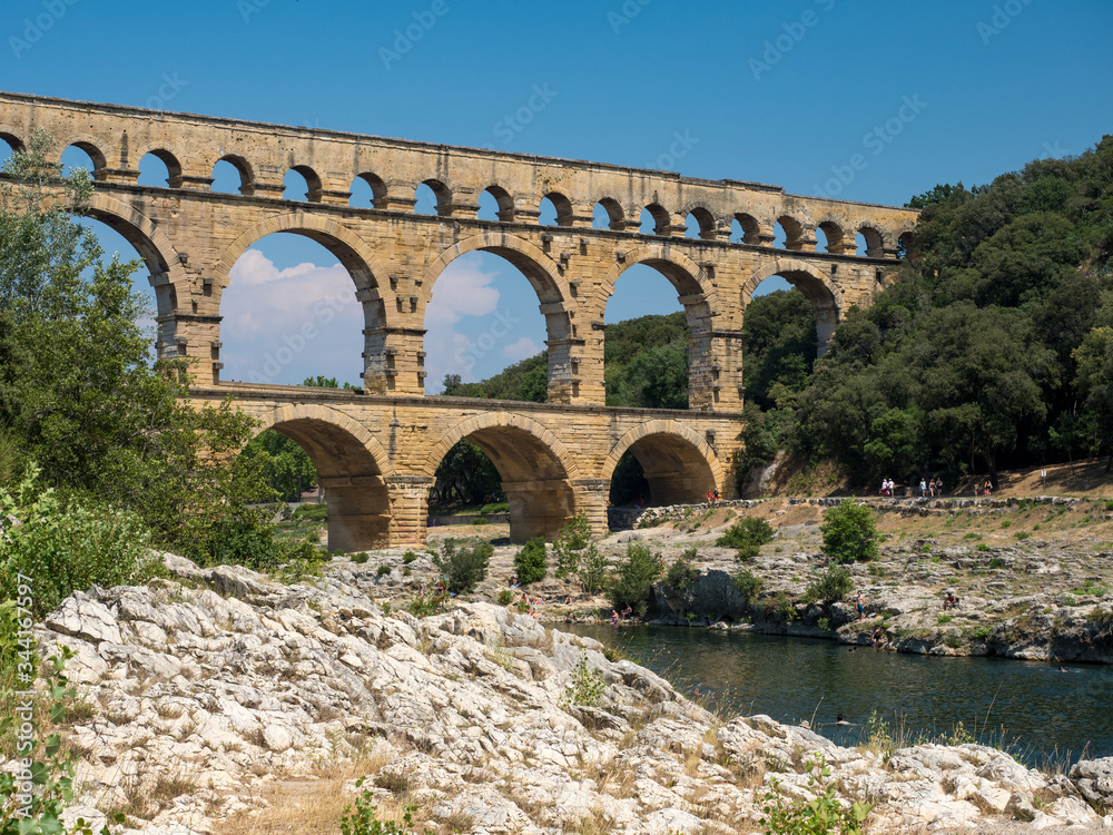 France, july 2019: Pont du Gard is an old Roman aqueduct, southern France near Nimes