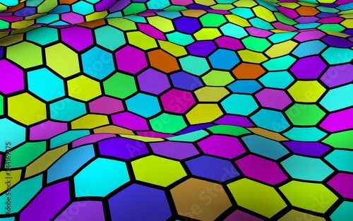 Honeycomb multi-colored. Perspective view on polygon look like honeycomb. Wavy surface. Isometric geometry. 3D illustration