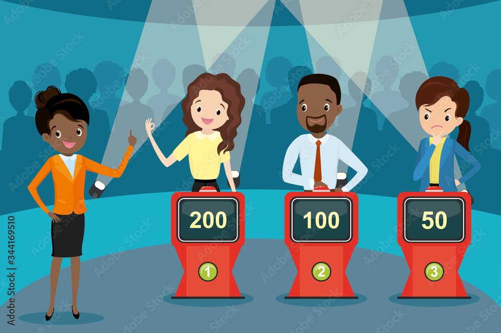 Cartoon people guessing quiz questions,intellectual game show with female showman,t Stock Vector | Adobe Stock Cartoon people guessing quiz questions,intellectual game show with female showman,t Stock Vector | Adobe Stock