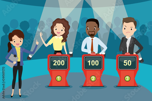 Cartoon people guessing quiz questions,intellectual game show with female showman,t