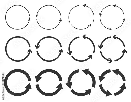 Vector set of circle arrows isolated on white background. Rotate arrow and spinning loading symbol. Circular rotation loading elements, redo process.