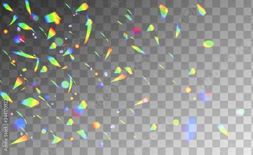 Holographic rainbow confetti isolated on transparent background. Festive multicolored falling glitters realistic vector illustration. Party or celebration