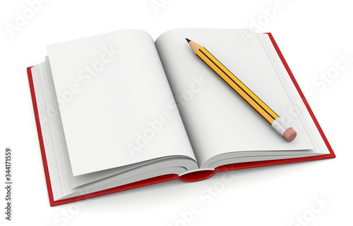 3d illustration open book with pencil