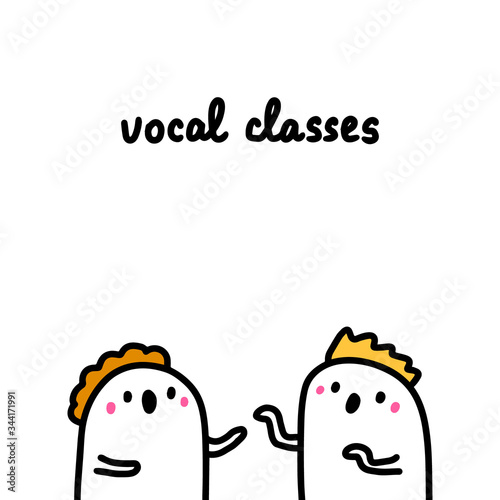 Vocal classes hand drawn vector illustration in cartoon comic style people singing together