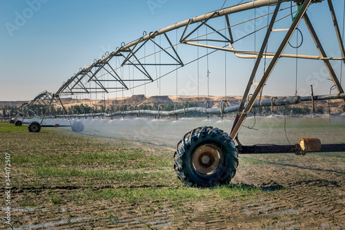 Irrigation Desert farming. Irrigation System for farming in Pivots located at the Desert Area in Al Sarar Saudi Arabia photo