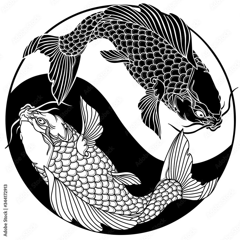 two koi carp fishes in the circle of yin yang symbol. Tattoo. Black and