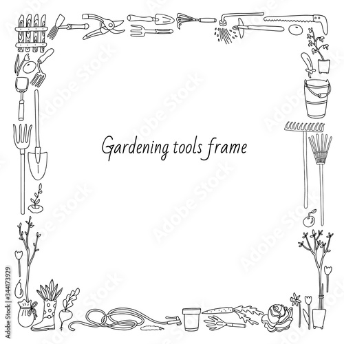 Gardening square frame with garden tools, vegetables, fruits, buckets, picket fence, flowers, sprout, seedling trees. Doodle style illustration in black ink. 