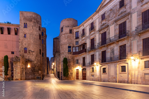 Ancient Roman Gate and Placa Nova at night, Barri Gothic Quarter in Barcelona, Catalonia, Spain