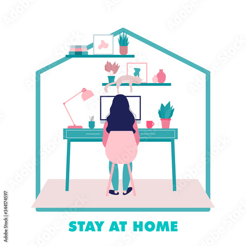Stay at home concept.Young woman working on computer at her home office in period of self isolation and social distancing during Covid-19 virus pandemic. Freelance or studying concept illustration.