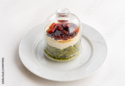 Creamy pie with basil  cheese and tomato jam in a glass. Bizcocho Mediterr  neo