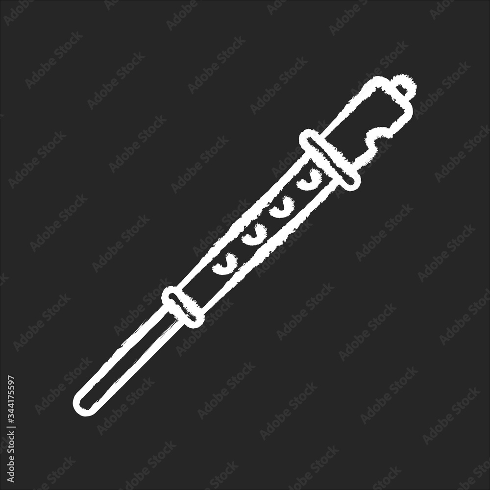 Flute chalk white icon on black background. Recorder musical instrument. Orchestral performance. Pipe with holes to play acoustic melody. Folk festival. Isolated vector chalkboard illustration Flute chalk white icon on black background. Recorder musical instrument. Orchestral performance. Pipe with holes to play acoustic melody. Folk festival. Isolated vector chalkboard illustration