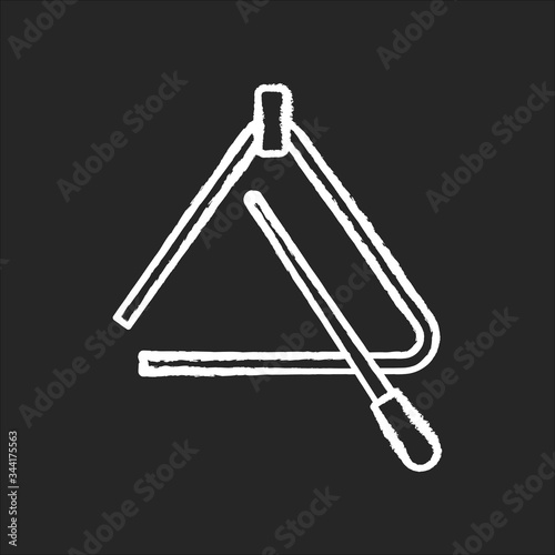 Triangle chalk white icon on black background. Percussion tool for acoustic band performance. Orchestral musical instrument. Play music beat and rhythm. Isolated vector chalkboard illustration